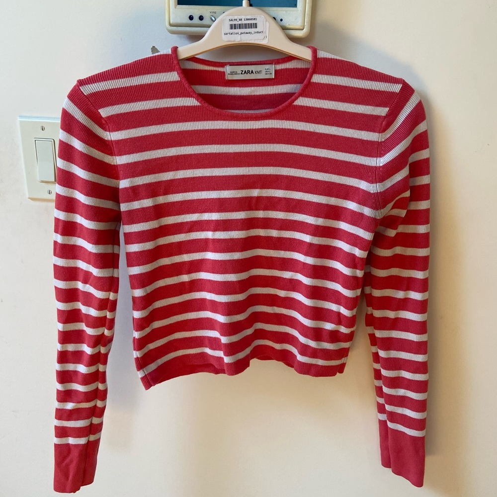 Zara knit pink and white cropped sweater